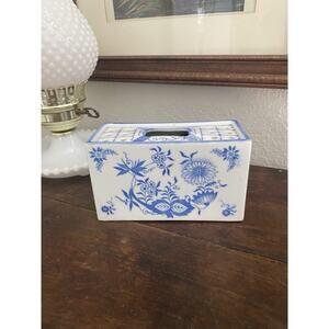 Vintage Andrea by Sadek Blue and White Floral Vase With Frog Rectangular Vase